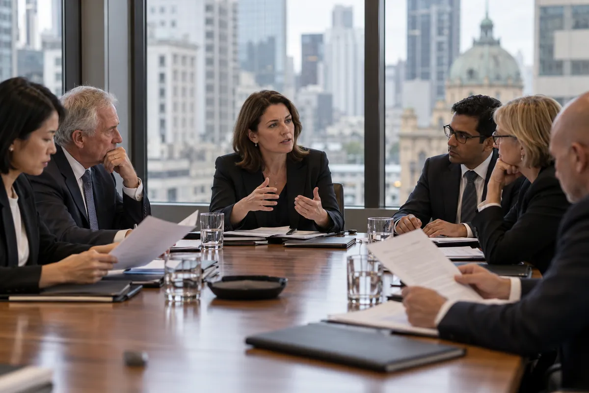 Directors around a boardroom table in Melbourne reviewing printed board papers in natural window light